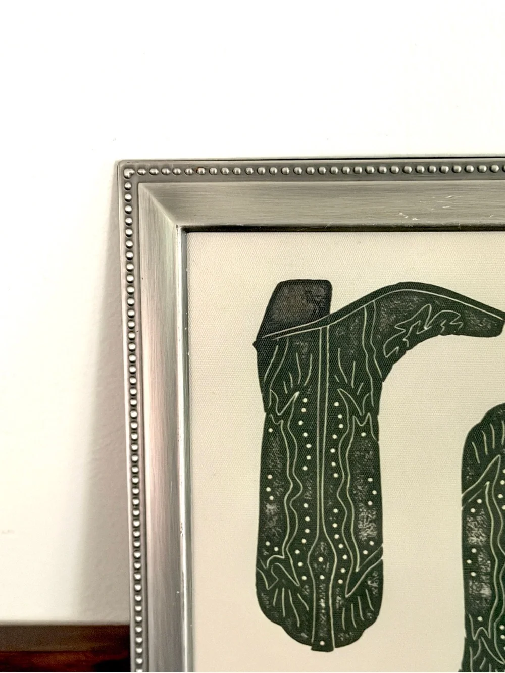 Dark Green Cowboy Boots Cowgirl Western Canvas Art Print Silver Metal Framed Art